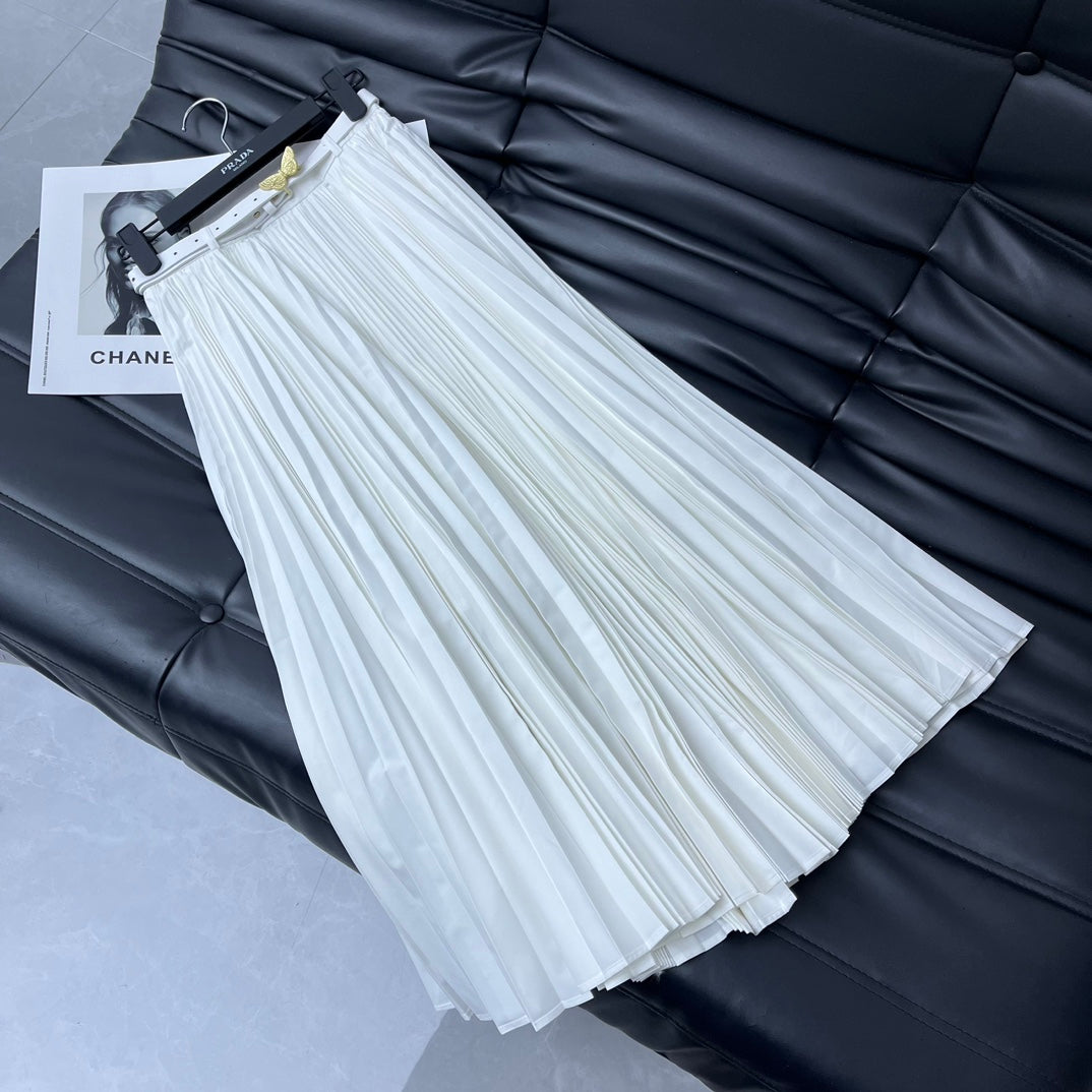 迪D家-2403 24新品上架腰帶壓褶大擺長裙 白色