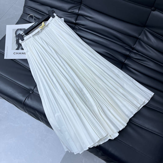 迪D家-2403 24新品上架腰帶壓褶大擺長裙 白色