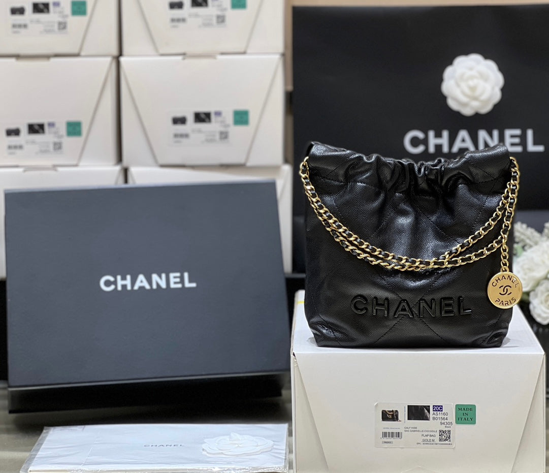 小香家-Chanel 22號手袋 魚子醬皮黑金色 小號