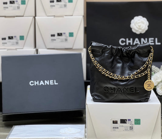 小香家-Chanel 22號手袋 魚子醬皮黑金色 小號