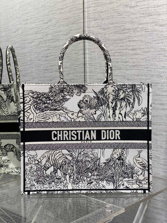 迪D家-Book Tote 2023春夏系列 老虎刺繡 白色 大號