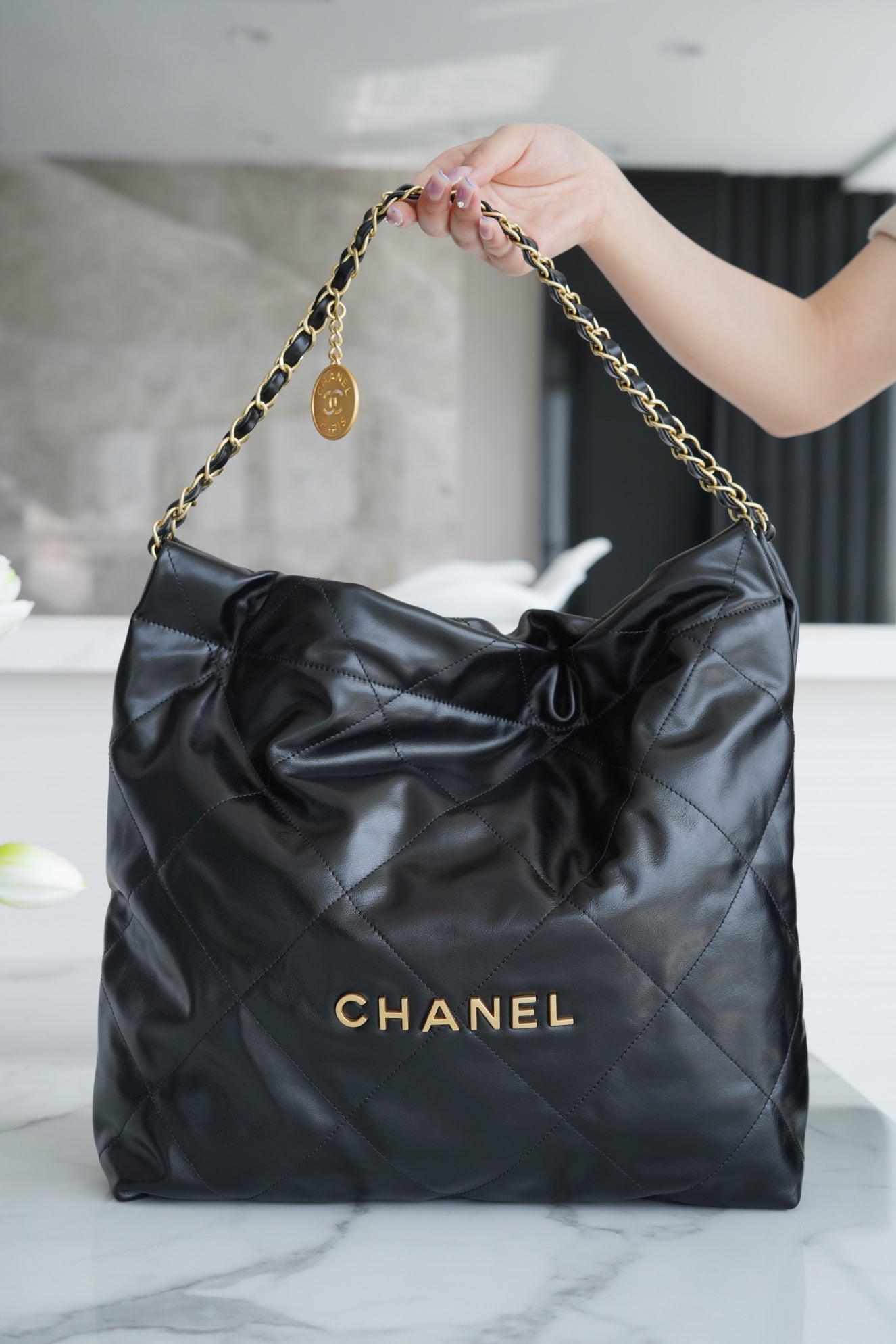 小香家-Chanel 22號手袋 黑金色中號