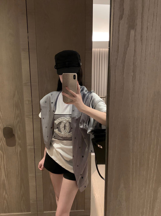 小香家-2404 印花條紋襯衫立體貼布包邊刺繡短袖Tee
