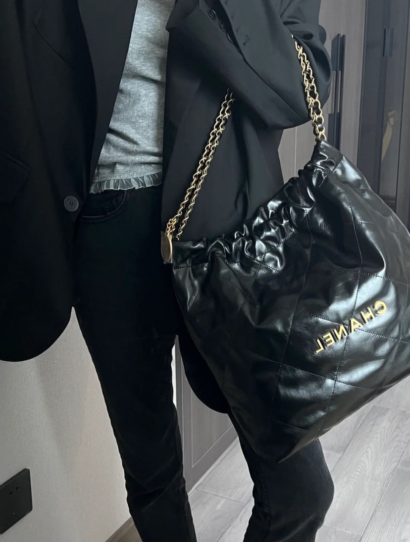 小香家-Chanel 22號手袋 黑金色中號
