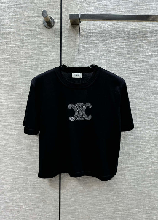 賽C家-2403 24春夏燙鑽logo針織短袖 黑色