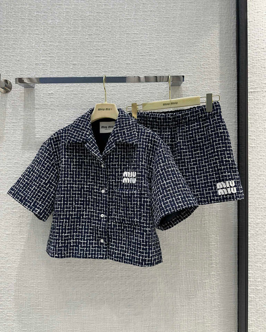 穆M家-2404 24早春專櫃新品藍白細格粗花呢套裝
