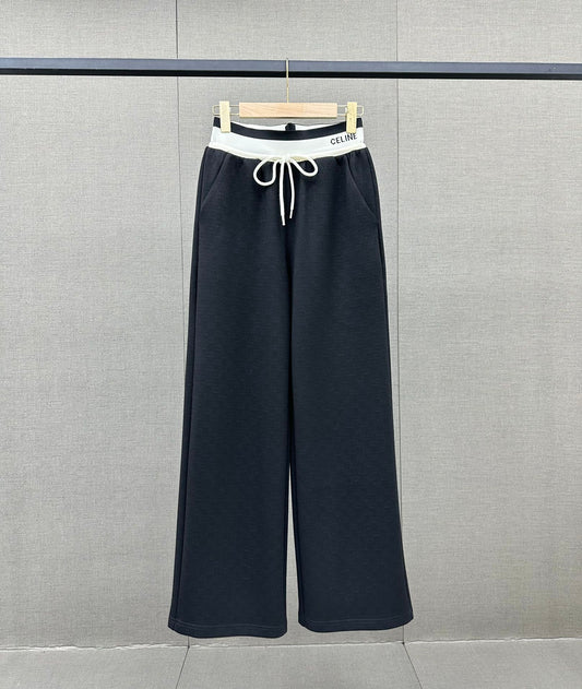 賽C家-2403 LOGO拼接綁帶舒適寬褲 黑色