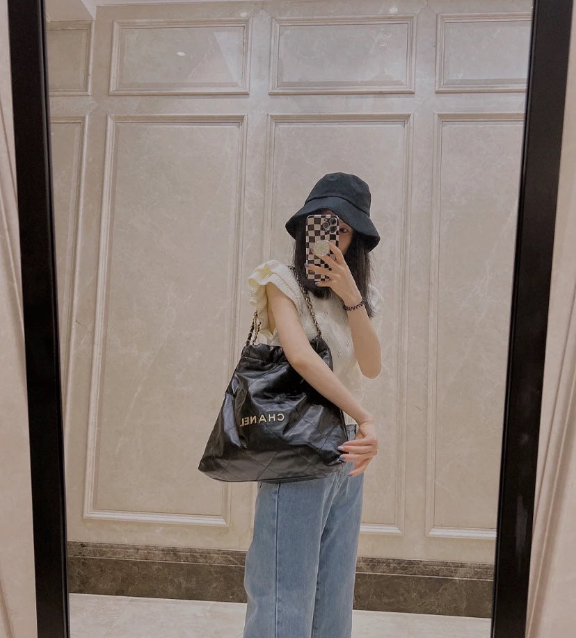 小香家-Chanel 22號手袋 黑金色中號