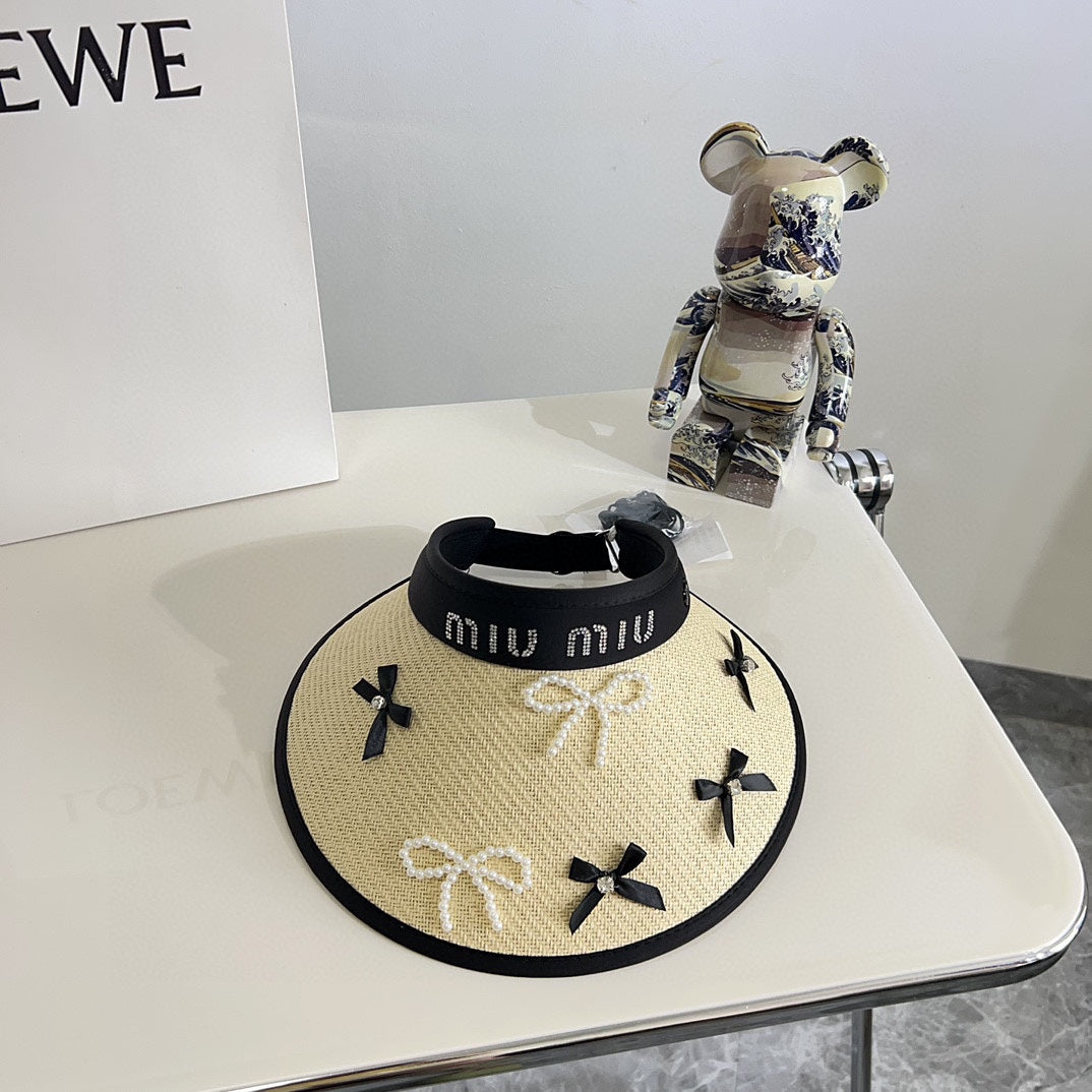 穆M家-2024夏季新款珍珠蝴蝶結遮陽帽 杏色