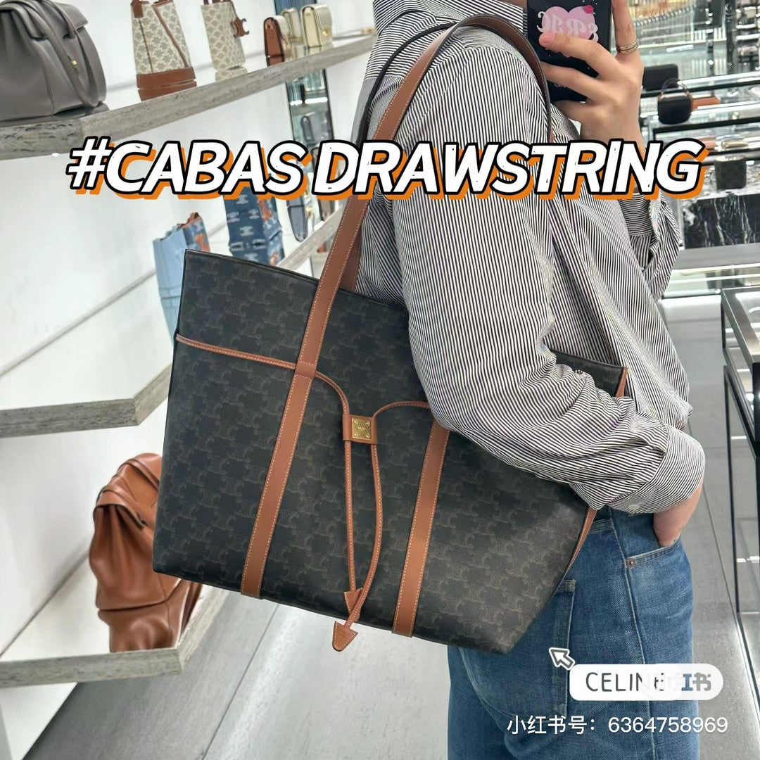 賽c家-Cabas 標誌印花牛皮抽繩托特包