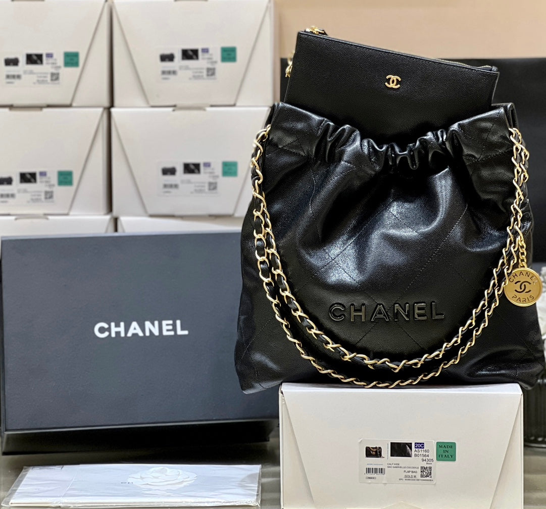 小香家-Chanel 22號手袋 魚子醬皮黑金色 中號