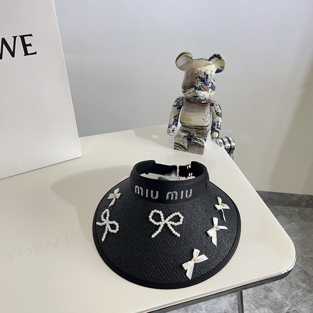 穆M家-2024夏季新款珍珠蝴蝶結遮陽帽 黑色