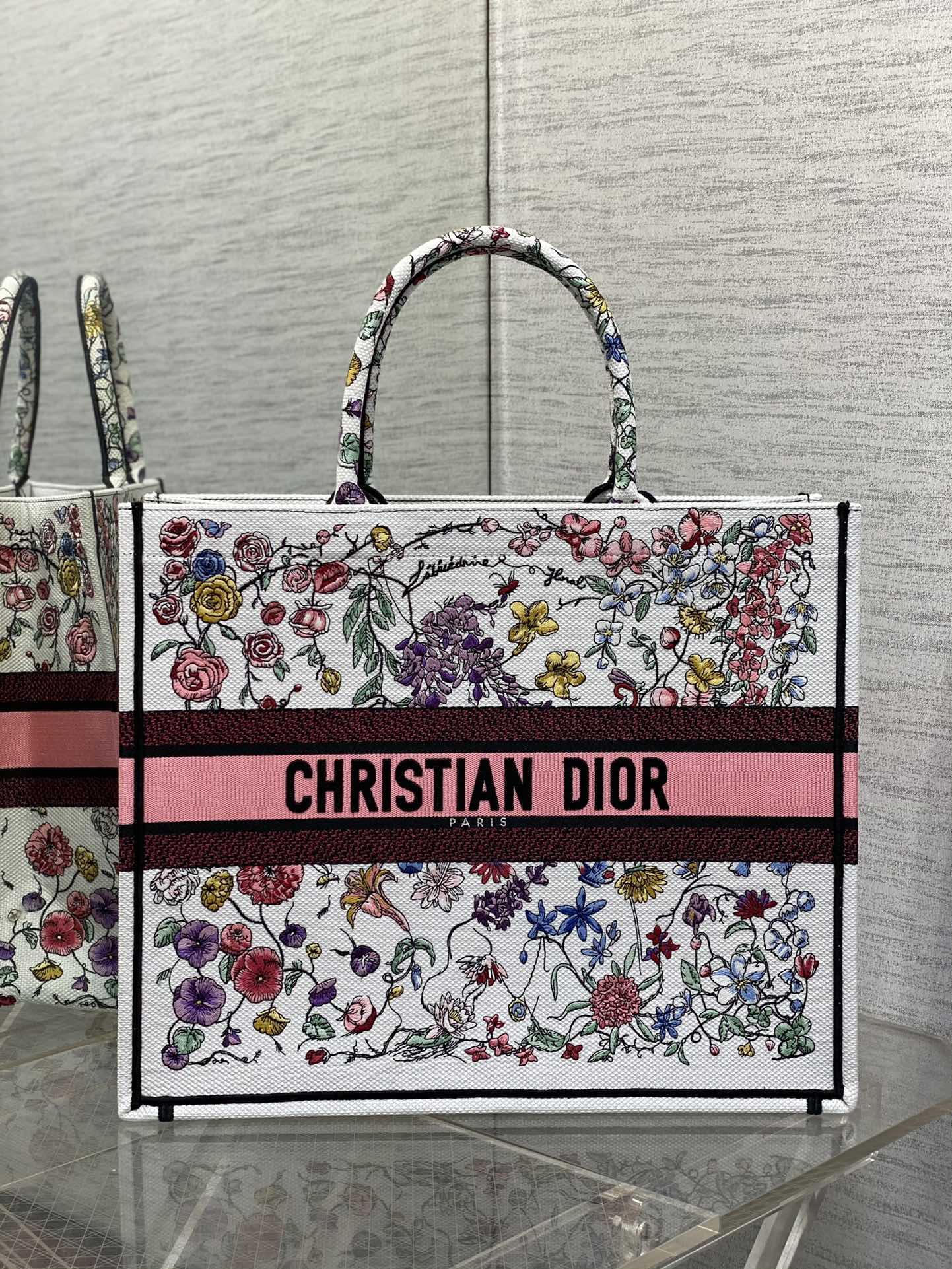 迪D家-Book Tote 2023春夏系列 浪漫花刺繡粉色 大號
