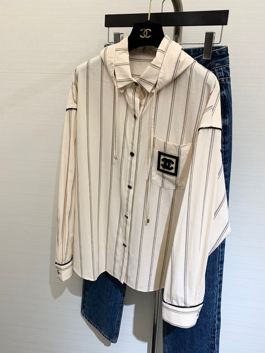 小香家-2403 春夏新款條紋連帽襯衣 白色