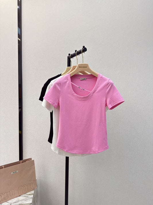 穆M家-2404 春夏最新款純欲風修身U領TEE 粉色
