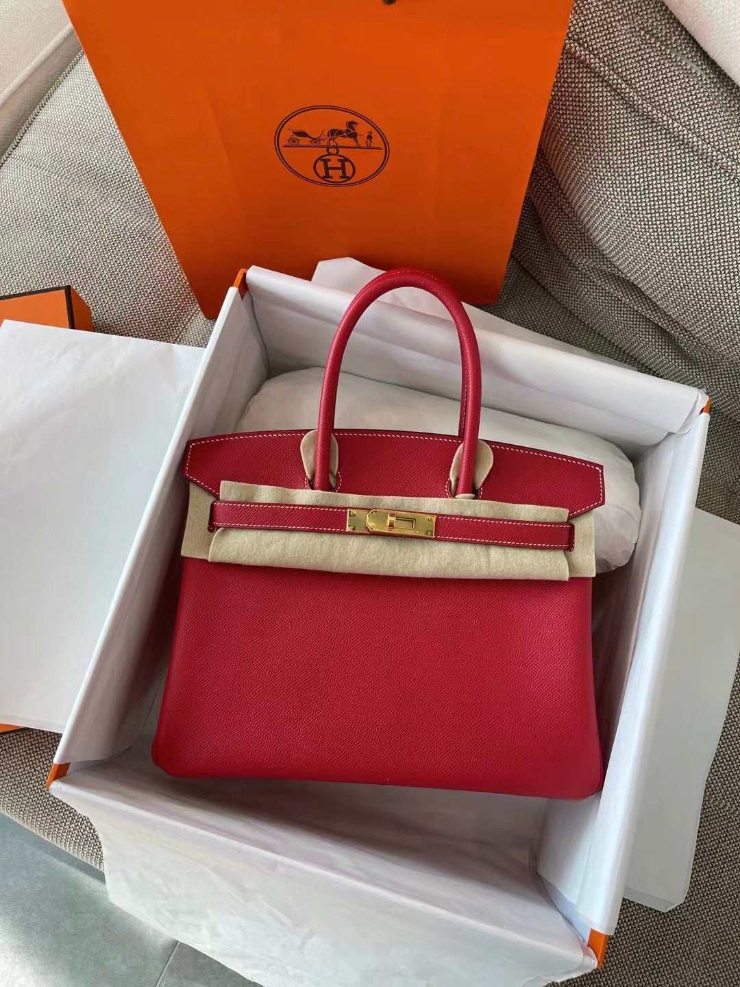 小愛款-Birkin 30  國旗紅Q5 EPSOM拼色牛仔藍