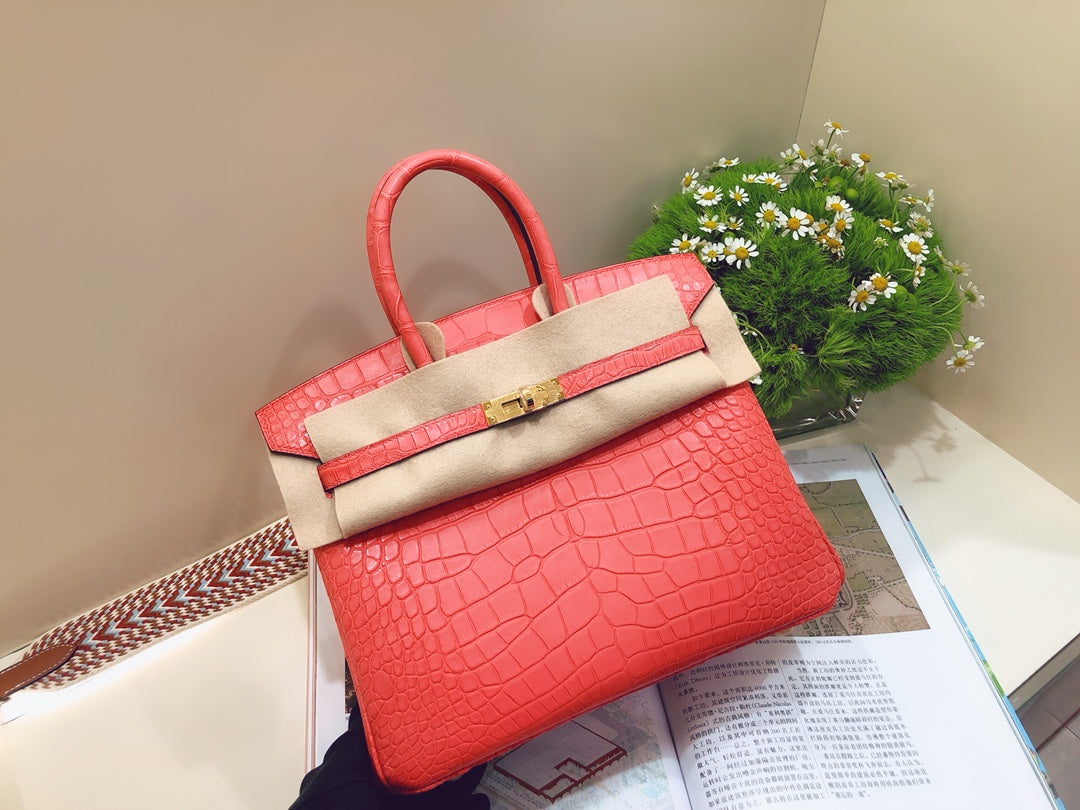 小愛款-Birkin 25 美洲方塊鱷魚 A5 Mat croco handle 杜鵑紅 金扣