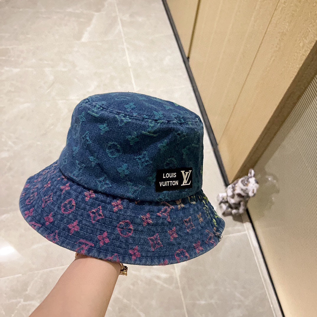 路L家-2024新款 拼色老花漁夫帽 藍色