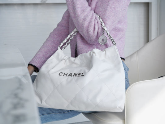 小香家-Chanel 22號手袋 橫版 白銀色