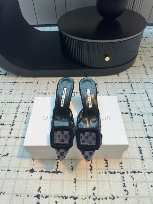 Manolo Blahnik-2024 格狀高跟拖鞋 黑色
