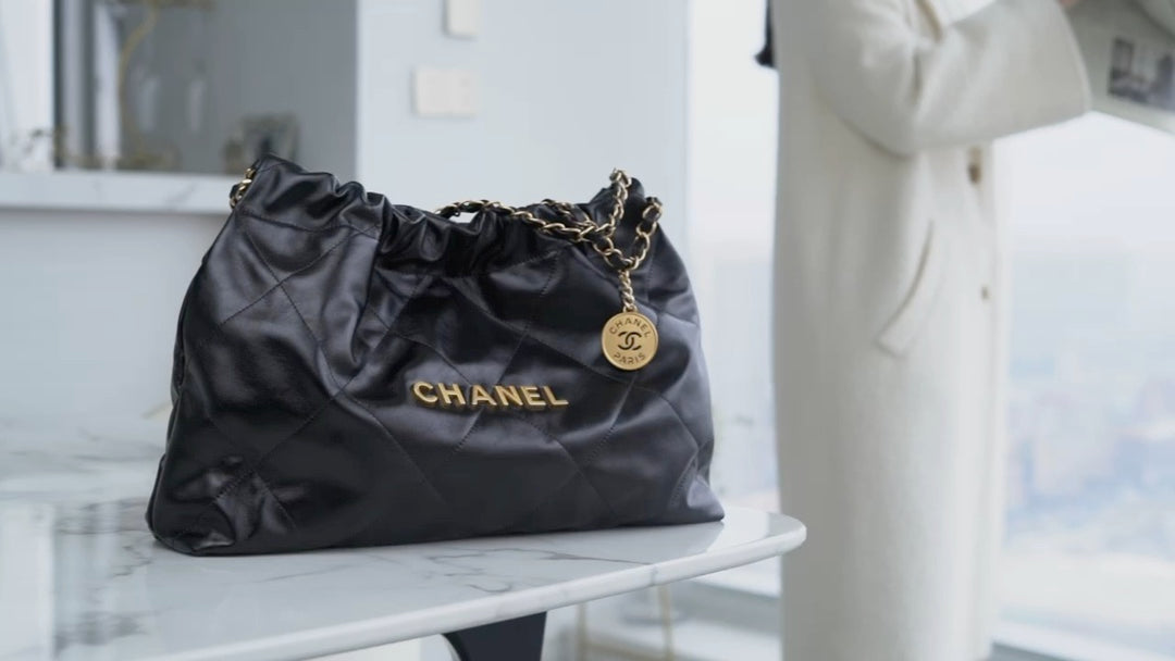 小香家-Chanel 22號手袋 橫版 黑金色