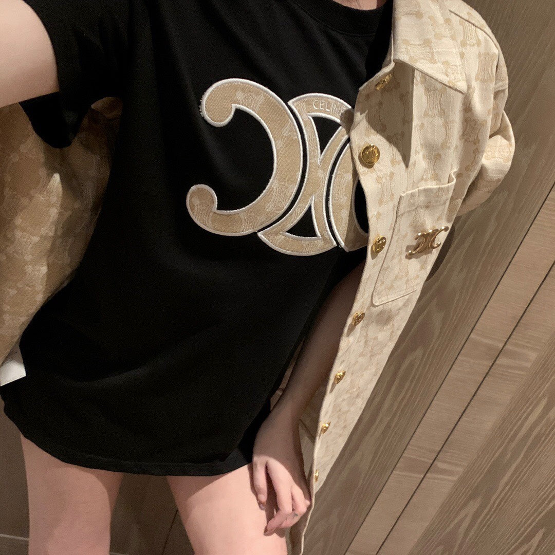 賽C家-2404 提花凱旋門牛仔布料短袖上衣 黑色