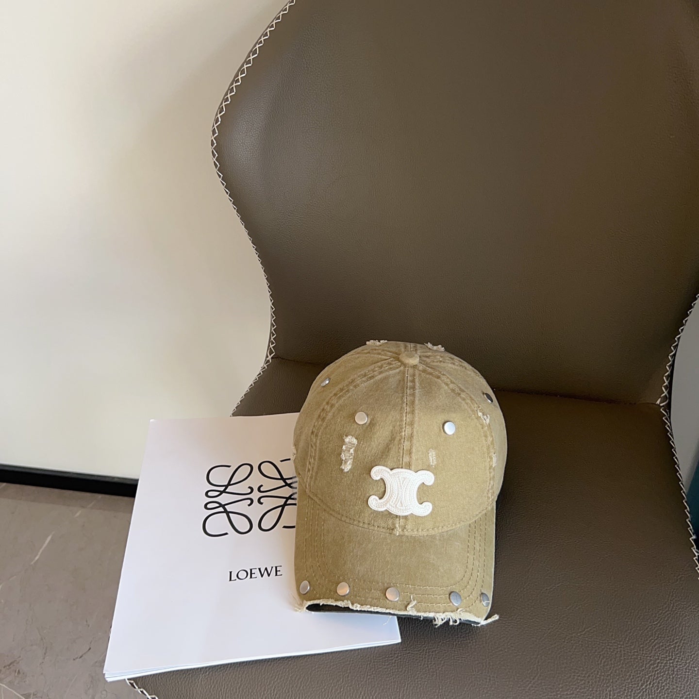 賽C家-2025新款鉚釘刷破棒球帽 橄欖綠