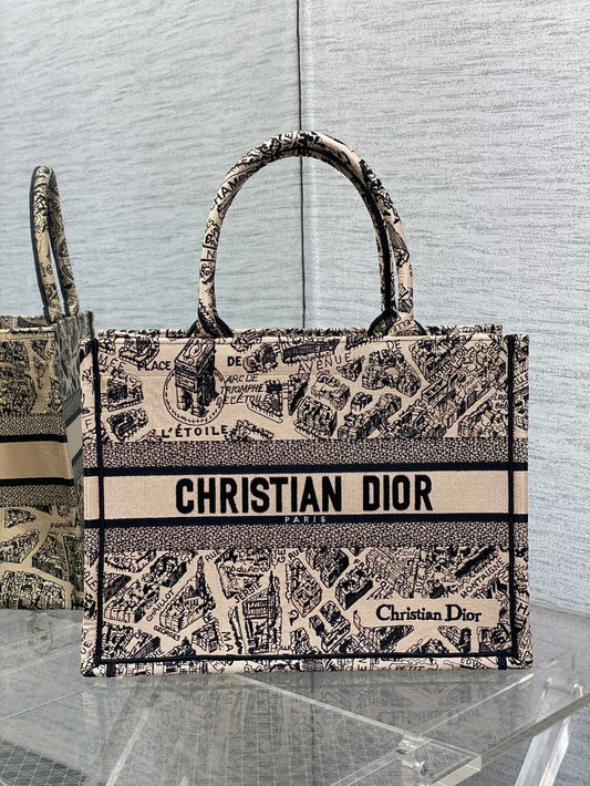 迪D家-Book Tote 2023春夏系列 巴黎地圖刺繡 米白色 中號