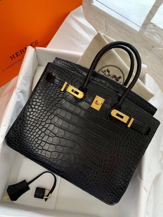 小愛款-Birkin 25 霧面方塊鱷魚 黑色 金扣