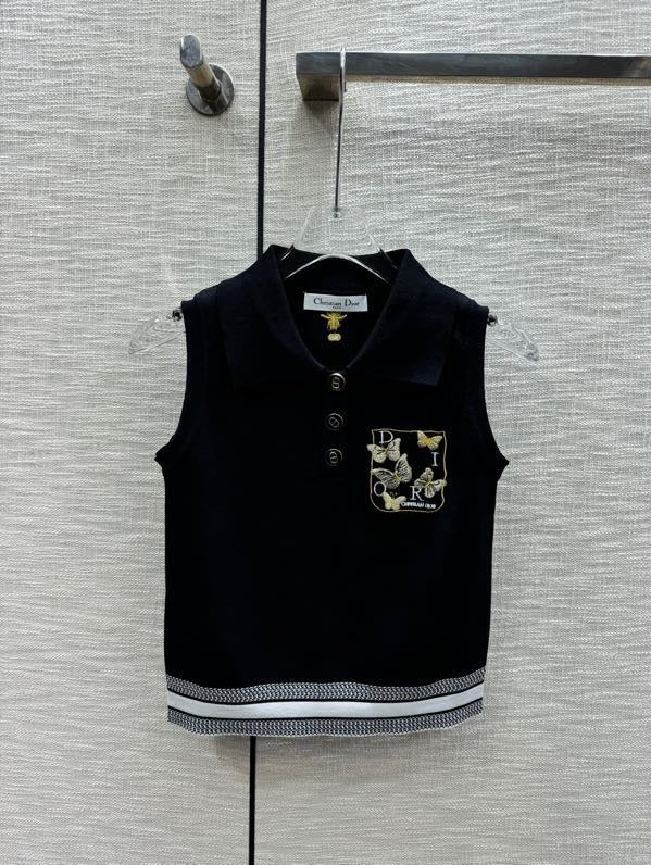 迪D家-2403 刺繡蝴蝶POLO領針織背心 黑色