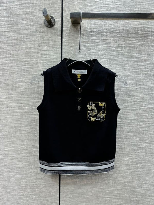 迪D家-2403 刺繡蝴蝶POLO領針織背心 黑色
