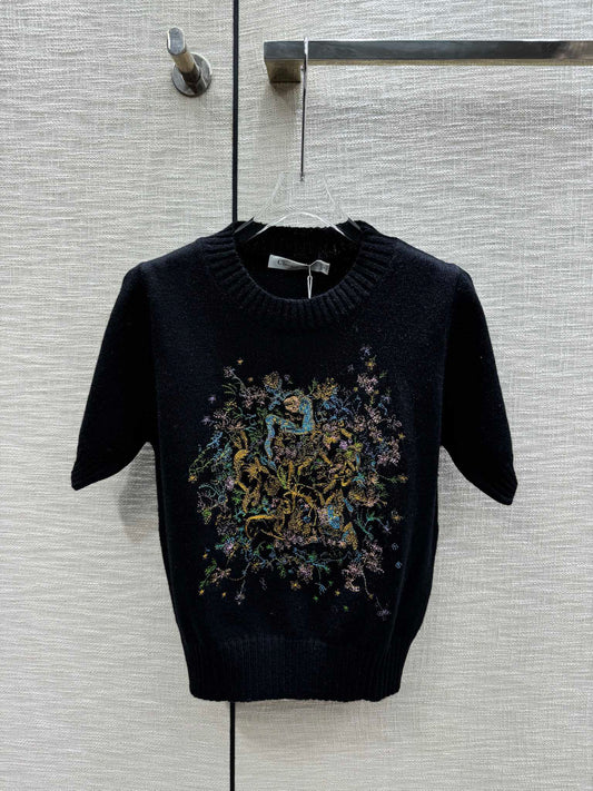 迪D家-2403 24早春最新系列重工刺繡針織短袖 黑色
