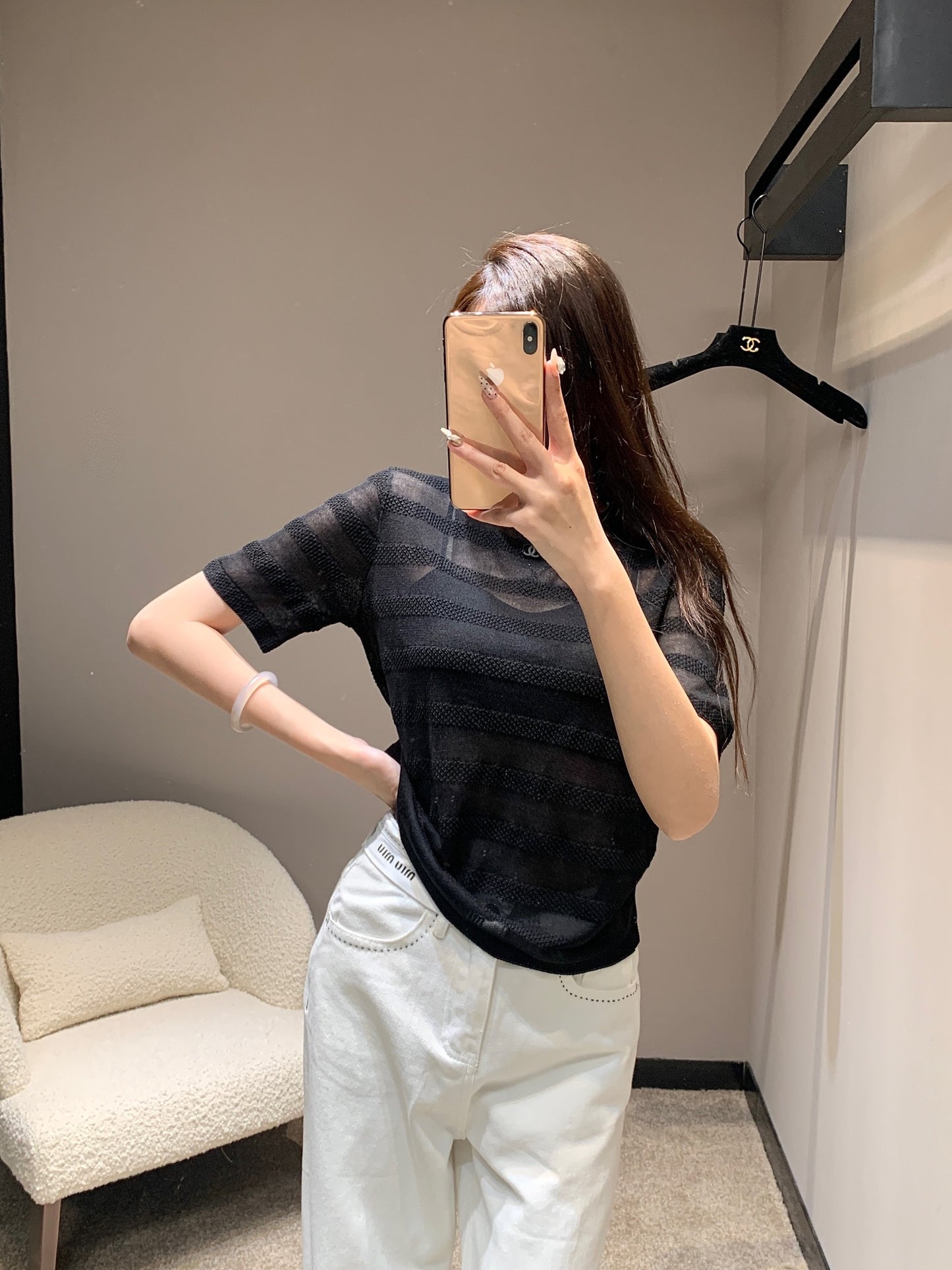 小香家-2403 雙C金屬logo裝飾條紋提花網紗短袖上衣 黑色