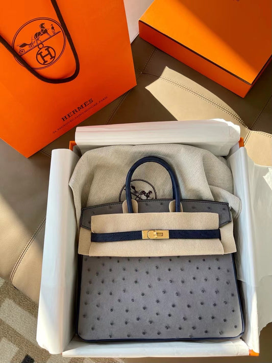 小愛款-Birkin 25 鴕鳥 瑪瑙灰搭配鳶尾藍 金扣
