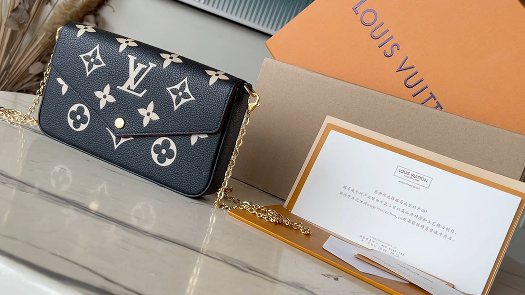M64064 路L家-Pochette Felicie Empreinte壓紋斜背包 黑色絲網款