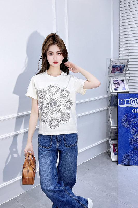 迪D家-2403 24早春最新撞色刺繡高訂百搭TEE 白色