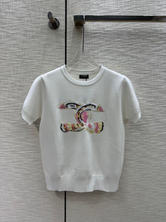 小香家-2403 刺繡針織短袖 白色