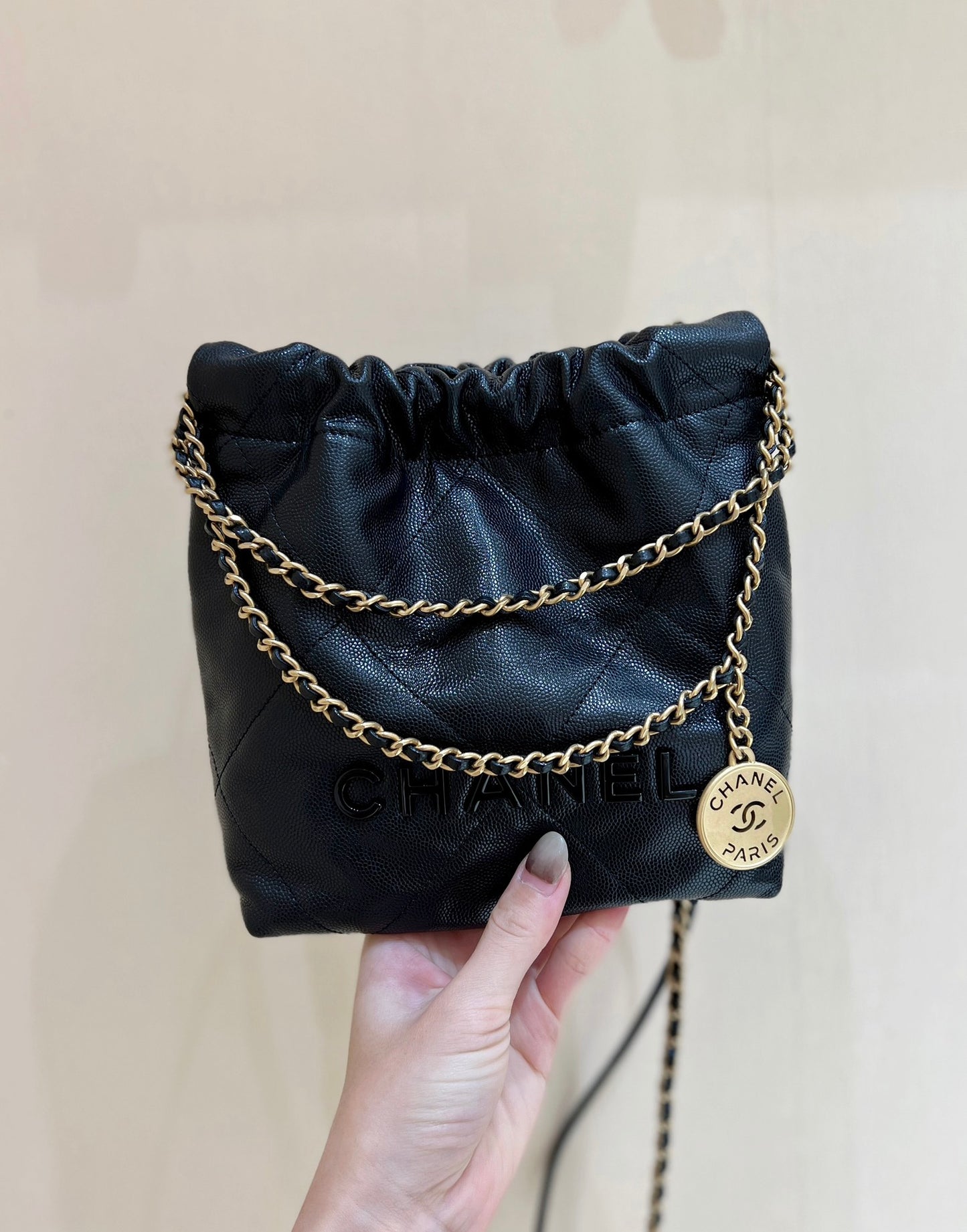 小香家-Chanel 22號手袋 魚子醬皮黑金色 小號