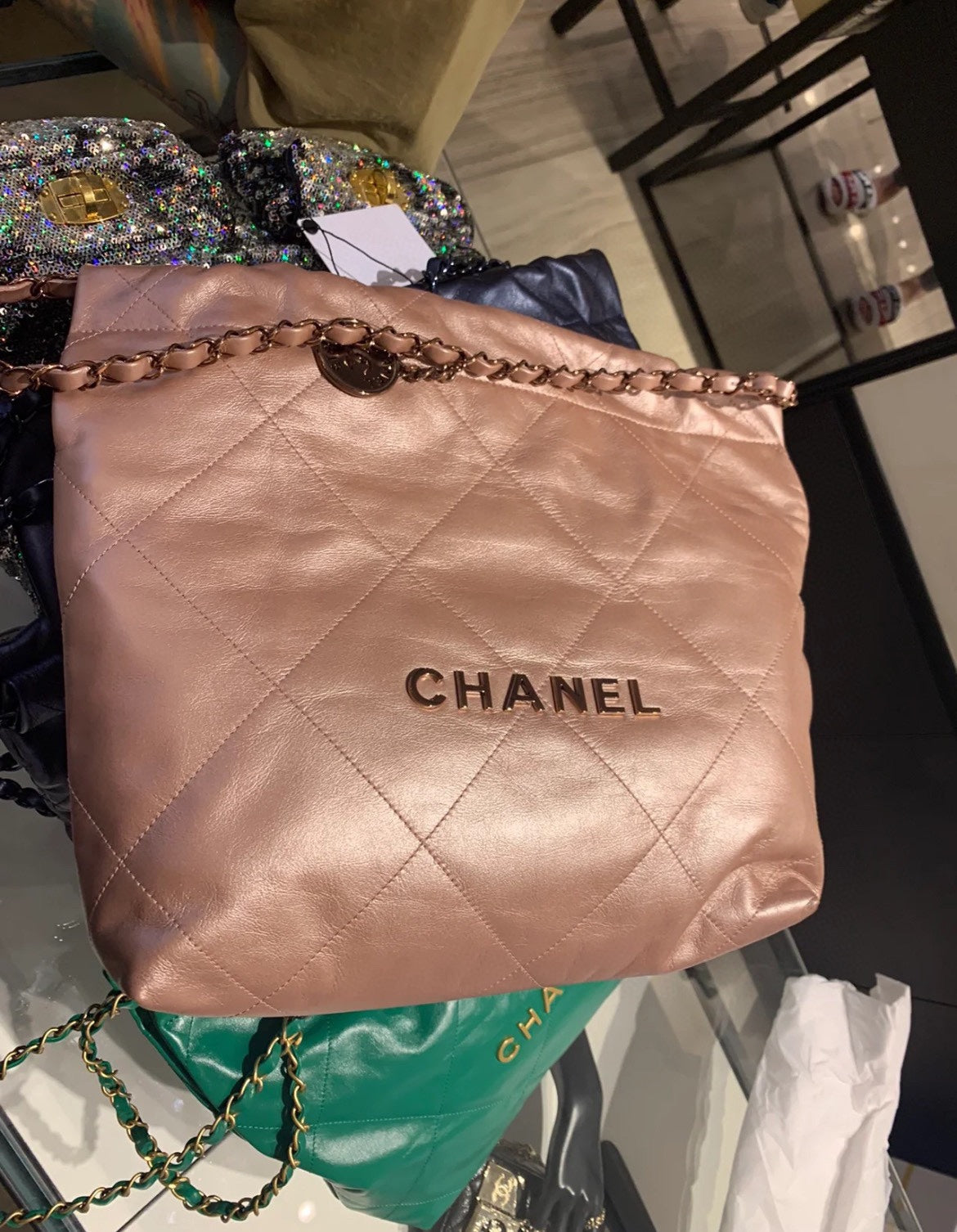 小香家-Chanel 22號手袋 玫瑰金背帶 雙鍊條