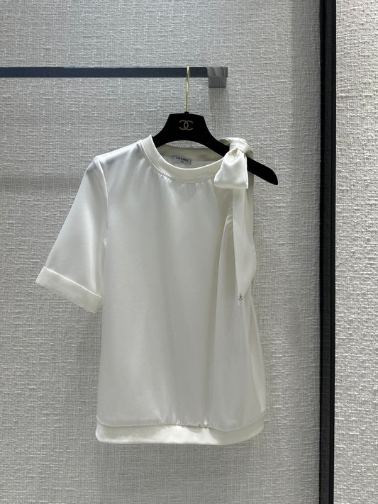 小香家-2404 24s春夏新品蝴蝶結繫帶圓領單袖小上衣 白色