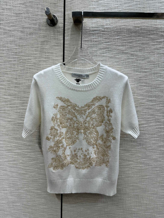 迪D家-2403 花花蝴蝶系列刺繡針織短袖 白色