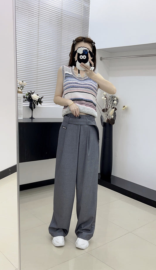 穆M家-2404 隨性腰帶新款西褲 灰色