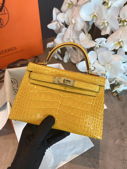 小愛款-Kelly mini 19 美洲鱷 琥珀黃 金扣