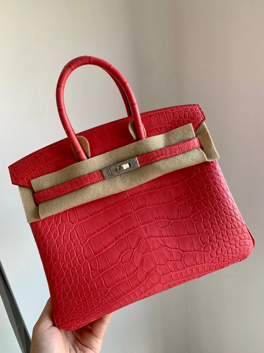 小愛款-Birkin 25 美洲方塊鱷魚 A5 Mat croco handle 杜鵑紅 銀扣