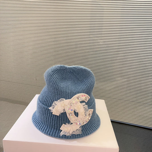 小香家-秋冬新款大logo針織帽 藍色