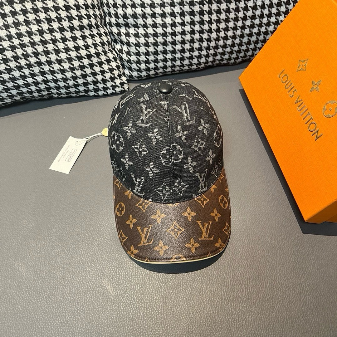 路L家-新款 老花牛仔拼皮鴨舌帽 黑色