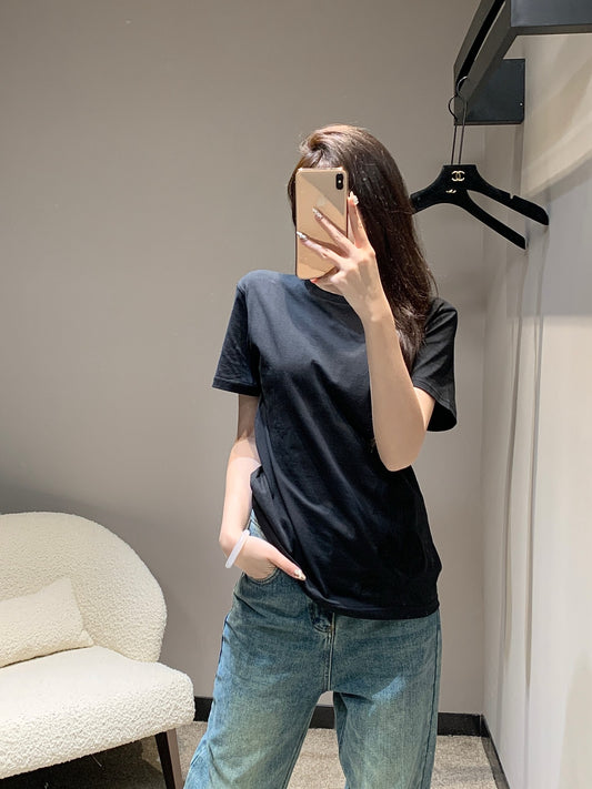 克羅C-2403 24SS春夏新款花朵刺繡短袖TEE 黑色