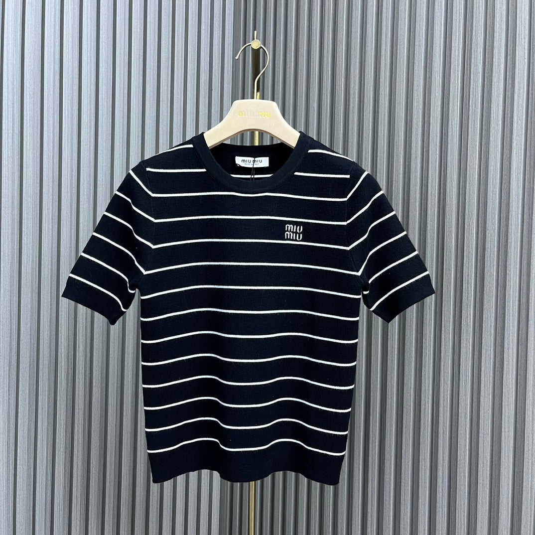 穆M家-2404 24新品上架圓領條紋短袖TEE 黑色