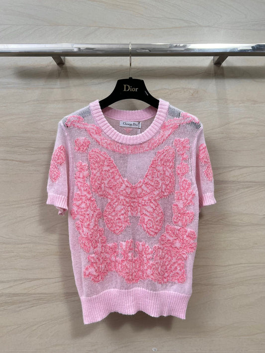 迪D家-2403 24早春新品重工蝴蝶花卉刺繡羊絨針織短袖上衣 粉色