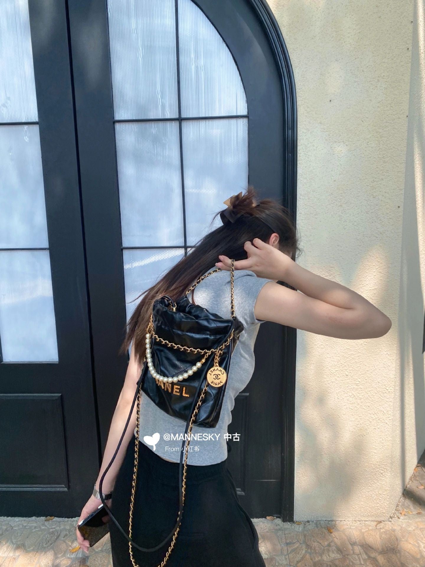 小香家-Chanel 22號手袋 黑色 雙鍊條 珍珠鍊
